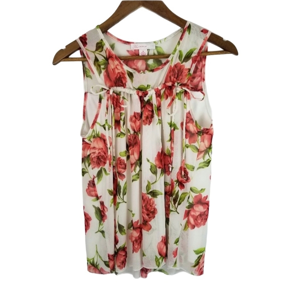 JW Style Flowy Rose Print Sleeveless Sheer Top
